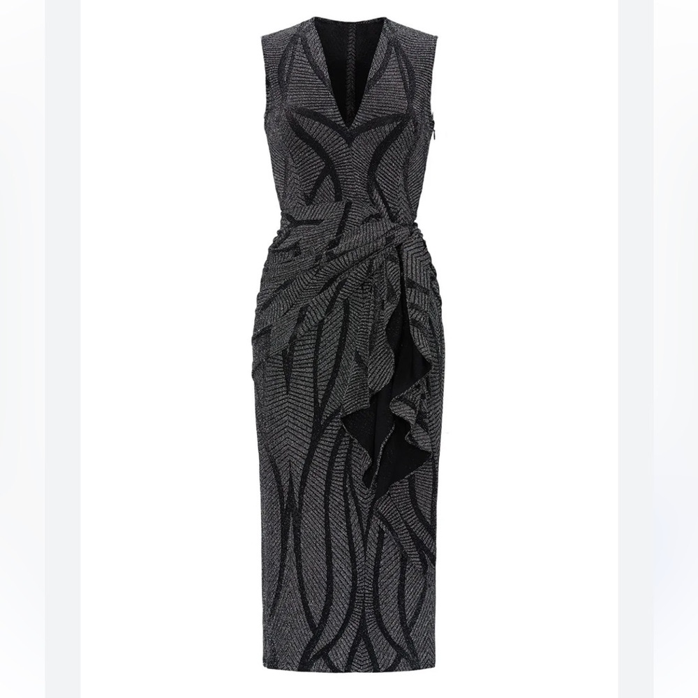 CHRISTIAN SIRIANO EUC metallic knit drape dress -black/silver -4